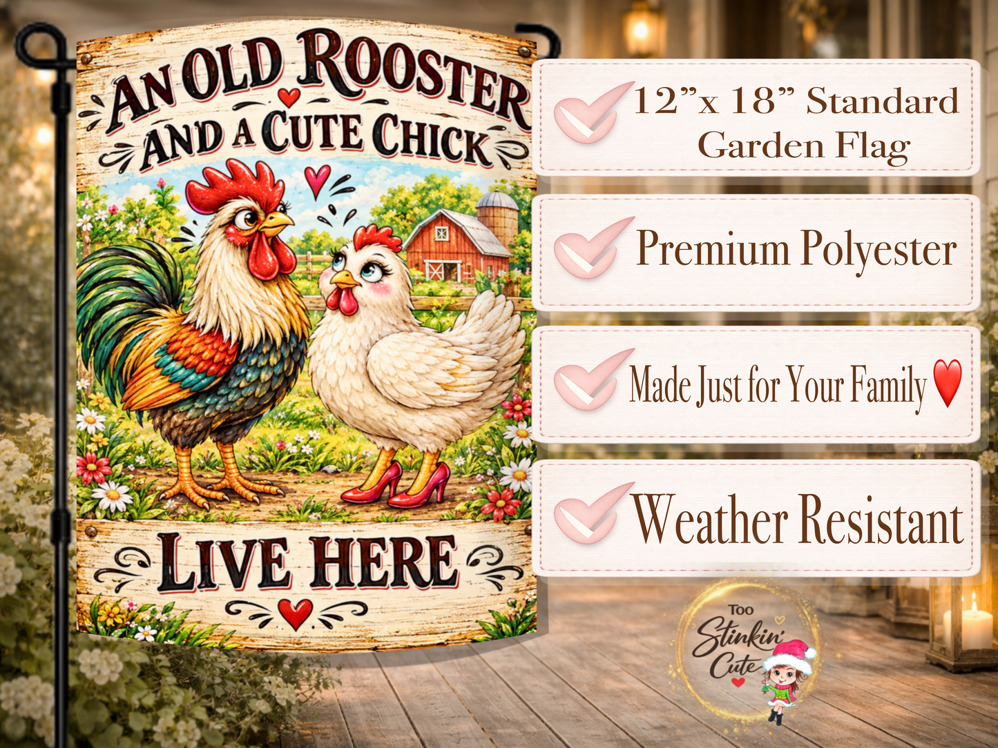 Farmhouse rooster and hen yard flag featuring a red barn, colorful flowers, and rustic wood details.