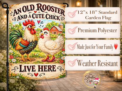 Farmhouse rooster and hen yard flag featuring a red barn, colorful flowers, and rustic wood details.