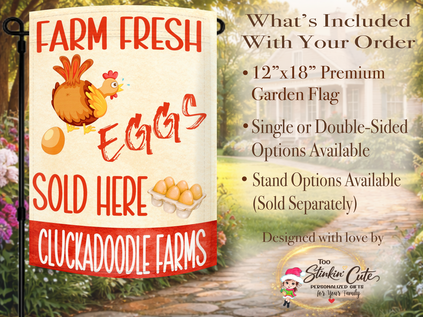 Outdoor country farm garden flag with red farmhouse egg sign design