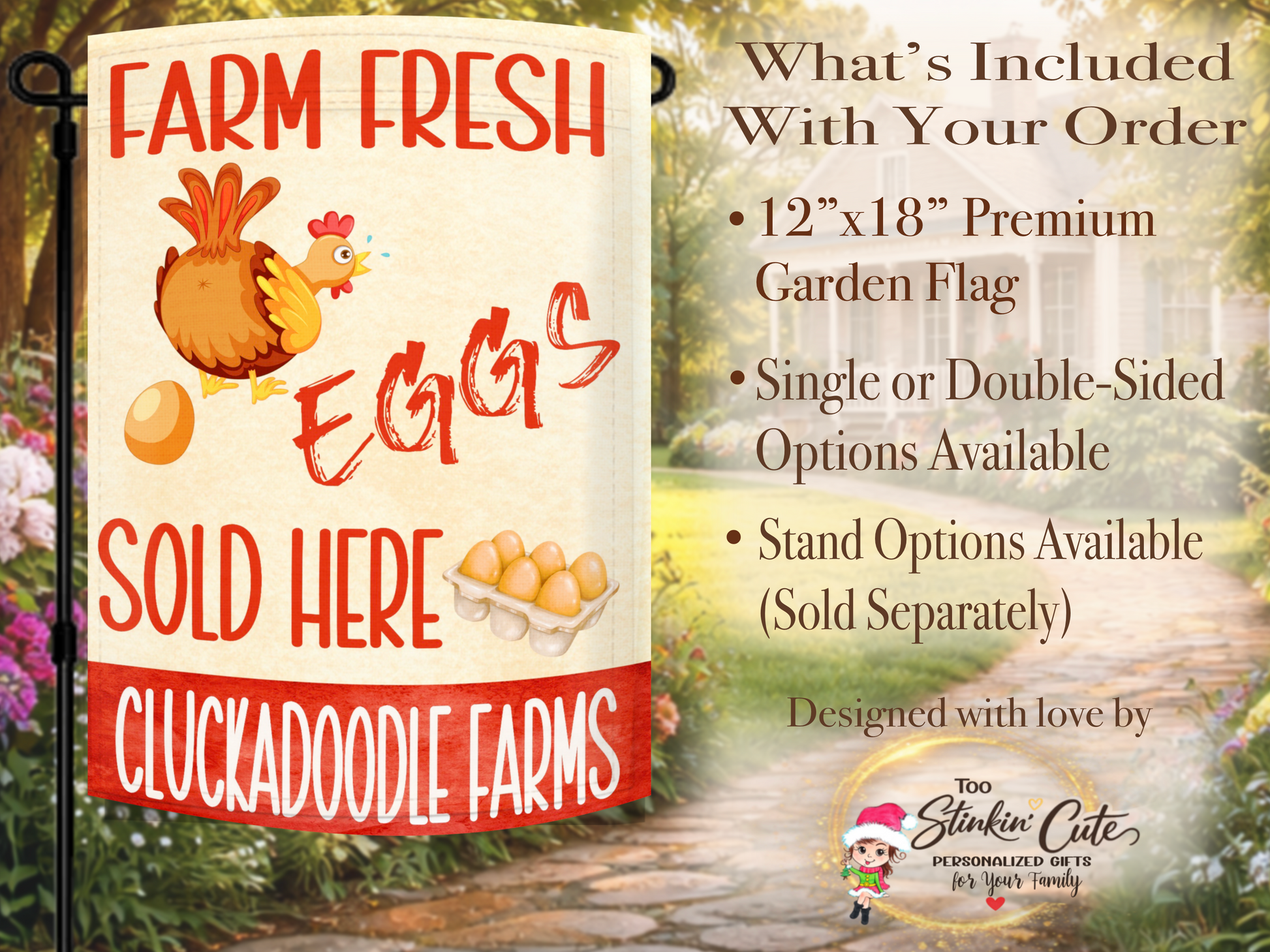 Outdoor country farm garden flag with red farmhouse egg sign design