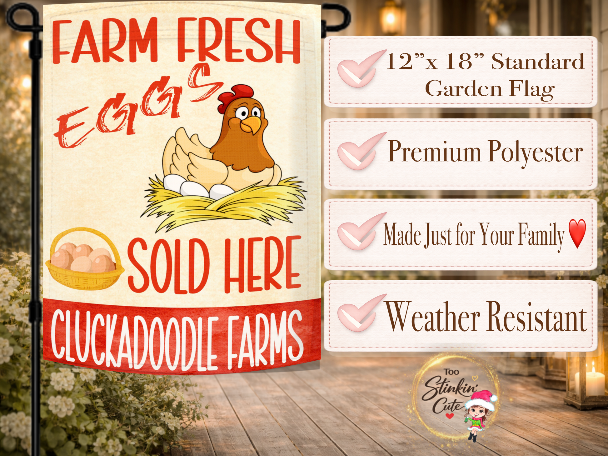 Personalized farm stand garden flag with farmhouse chicken theme