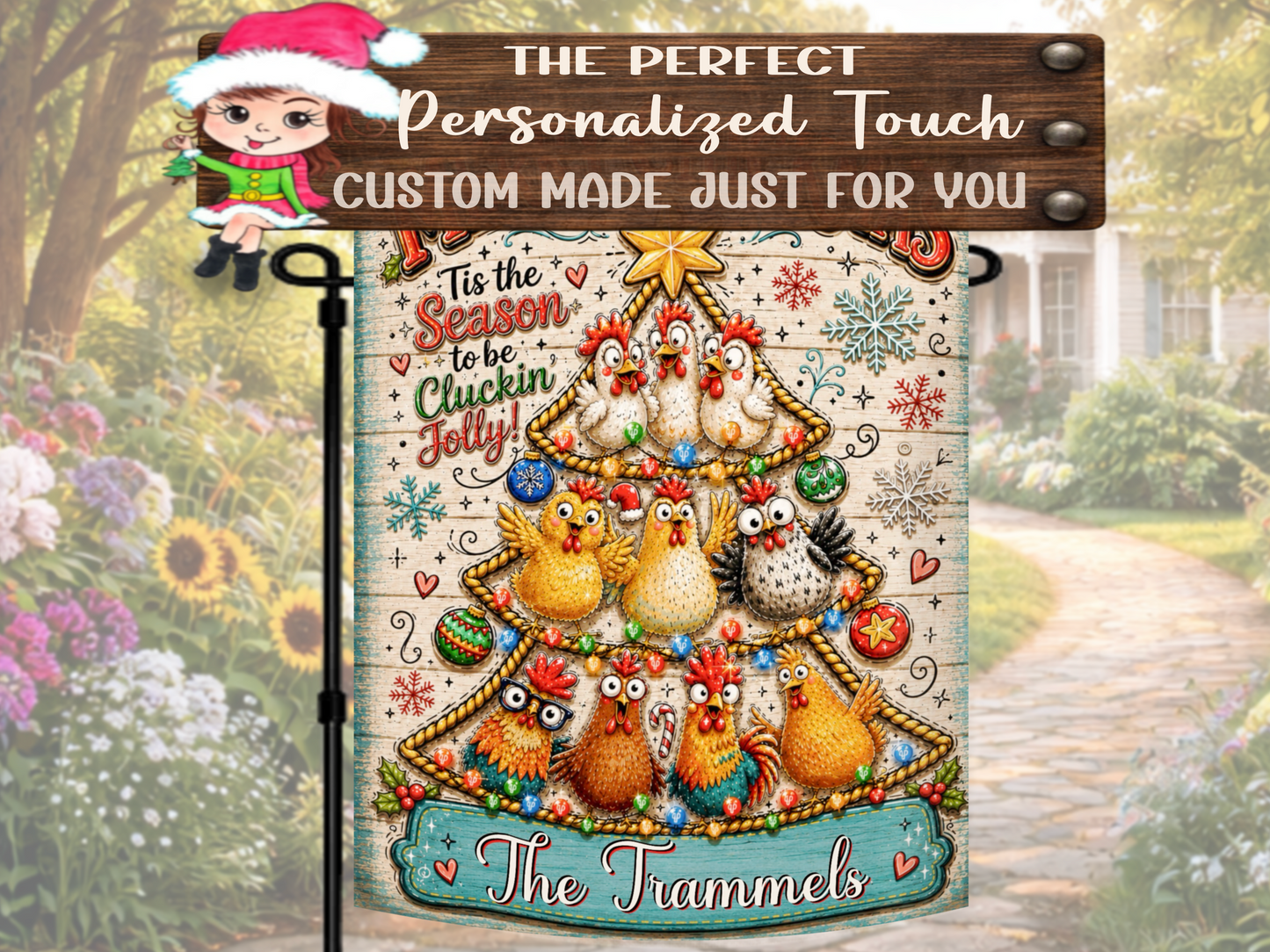 Festive Hen and Rooster Christmas Flag