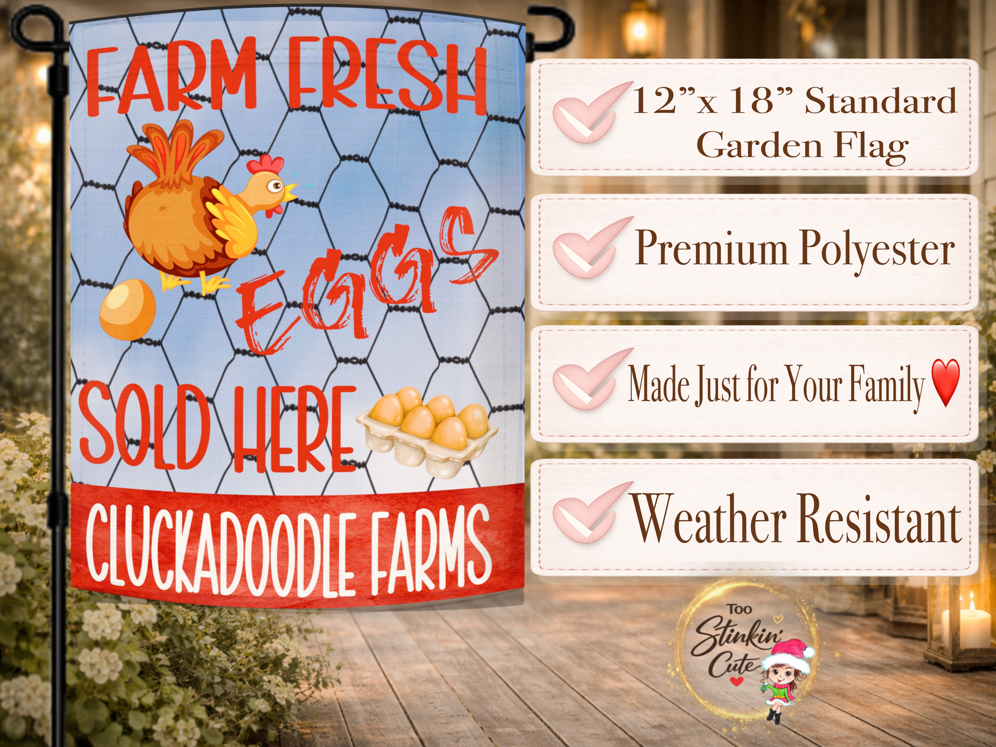 Cluckadoodle Farms personalized egg stand garden flag