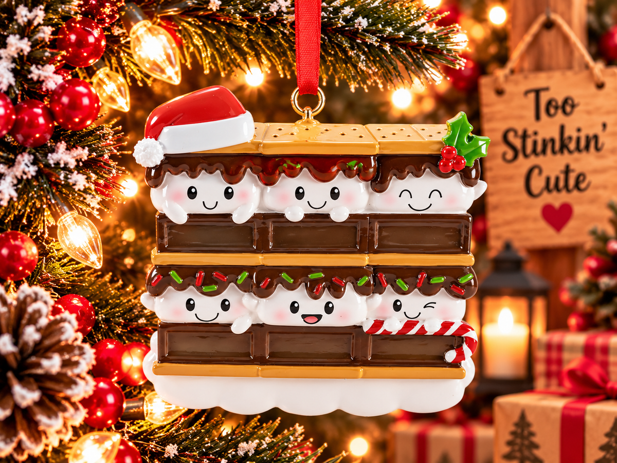 Bottom marshmallow characters with red and green sprinkles and a red and white candy cane.