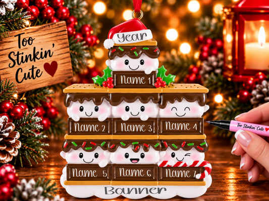 Seven smiling marshmallow characters stacked between brown chocolate bars and golden graham crackers.