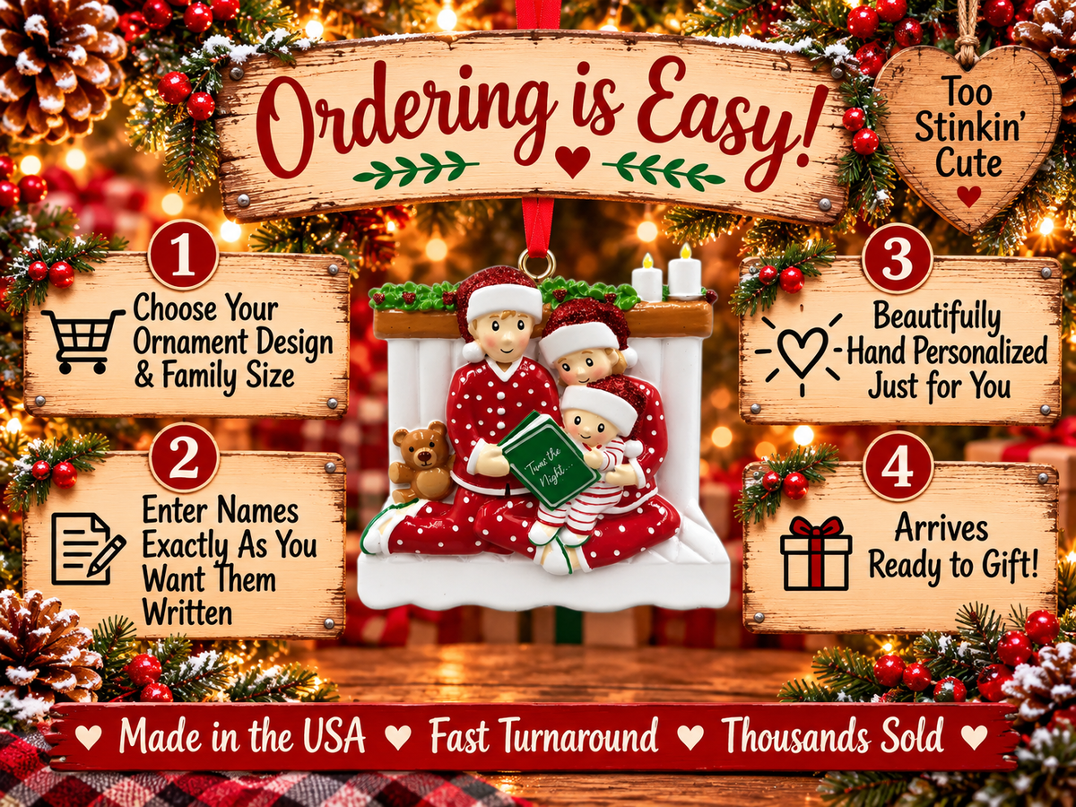 Christmas storytime family ornament with glittery red Santa hats and a brown teddy bear.