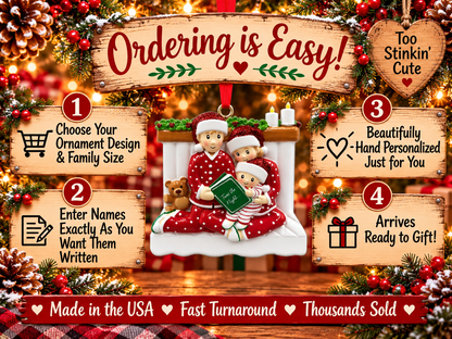 Christmas storytime family ornament with glittery red Santa hats and a brown teddy bear.