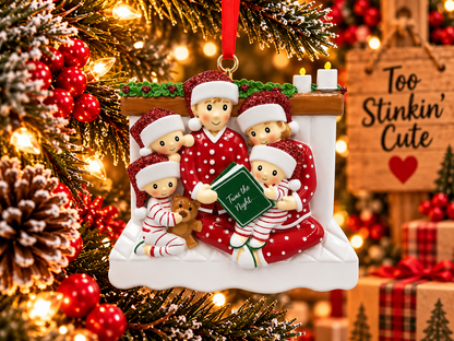 Five smiling family figures seated beneath a mantel decorated with green holly, red berries, and two candles.