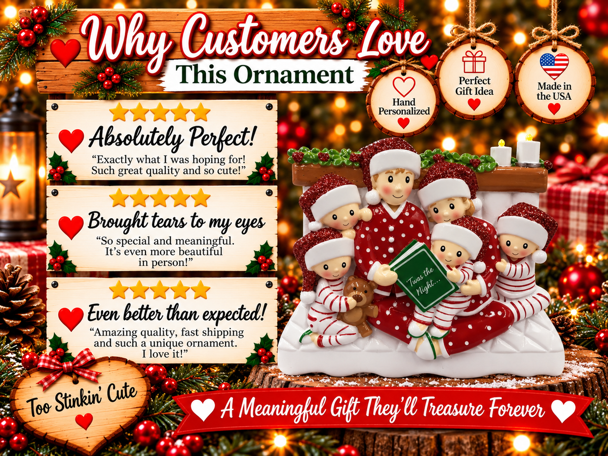 Family reading ornament beneath a brown mantel decorated with green holly, red berries, and two white candles.