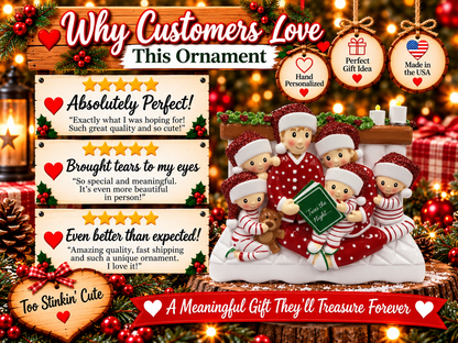 Family reading ornament beneath a brown mantel decorated with green holly, red berries, and two white candles.