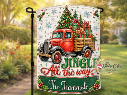 Rustic personalized Christmas garden flag for outdoor porch décor, holiday gifts, farmhouse decorations, and new homeowners.