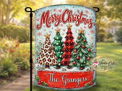 Personalized Merry Christmas Tree Garden Flag – Leopard & Buffalo Plaid Holiday Yard Flag