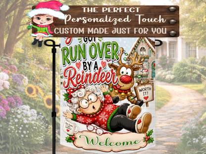 Christmas welcome garden flag with cartoon grandma