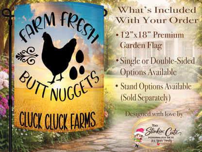 Farm fresh eggs outdoor flag featuring chicken and golden field design