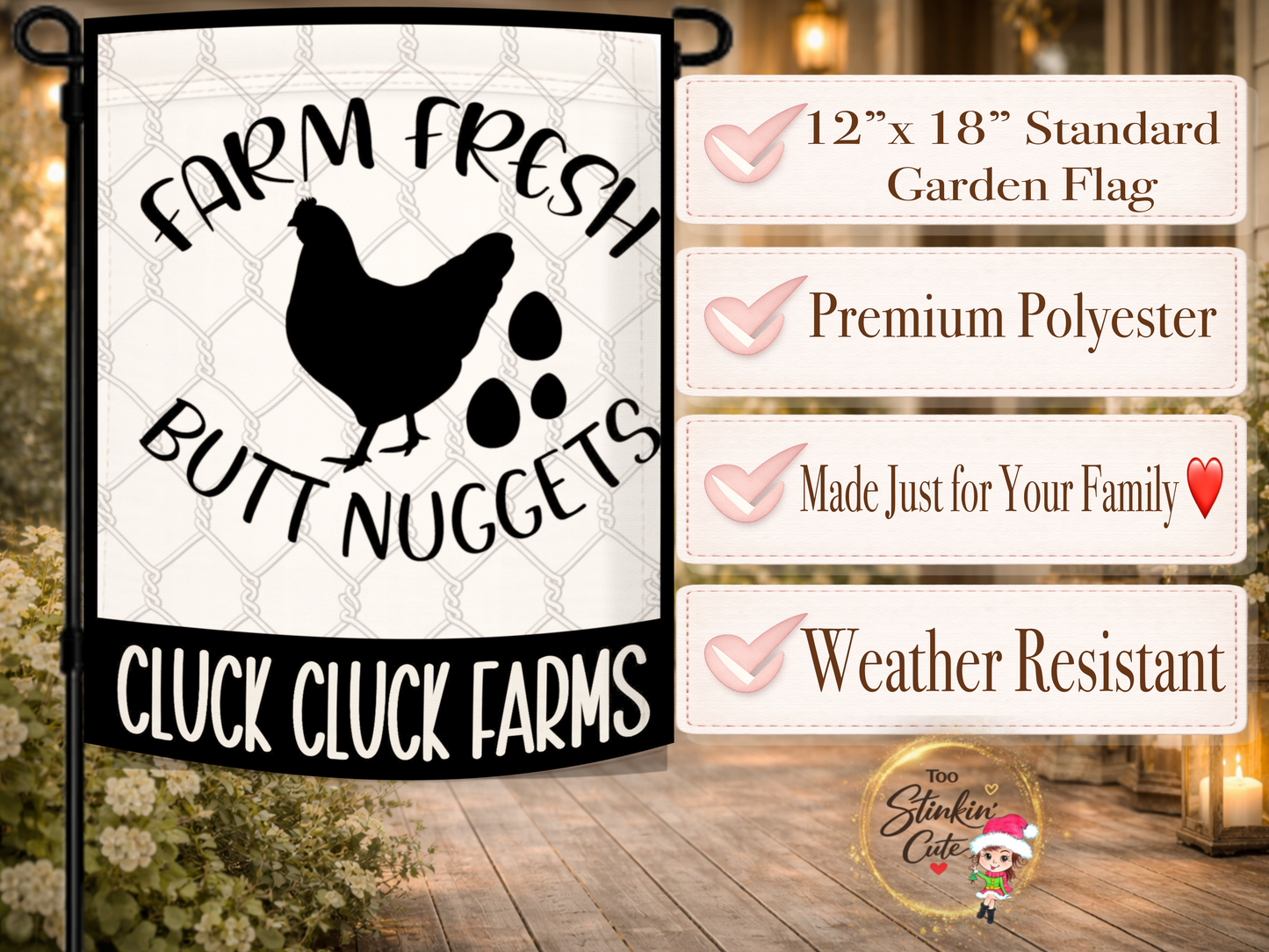 Farm fresh eggs outdoor flag featuring chicken silhouette and wire fence background