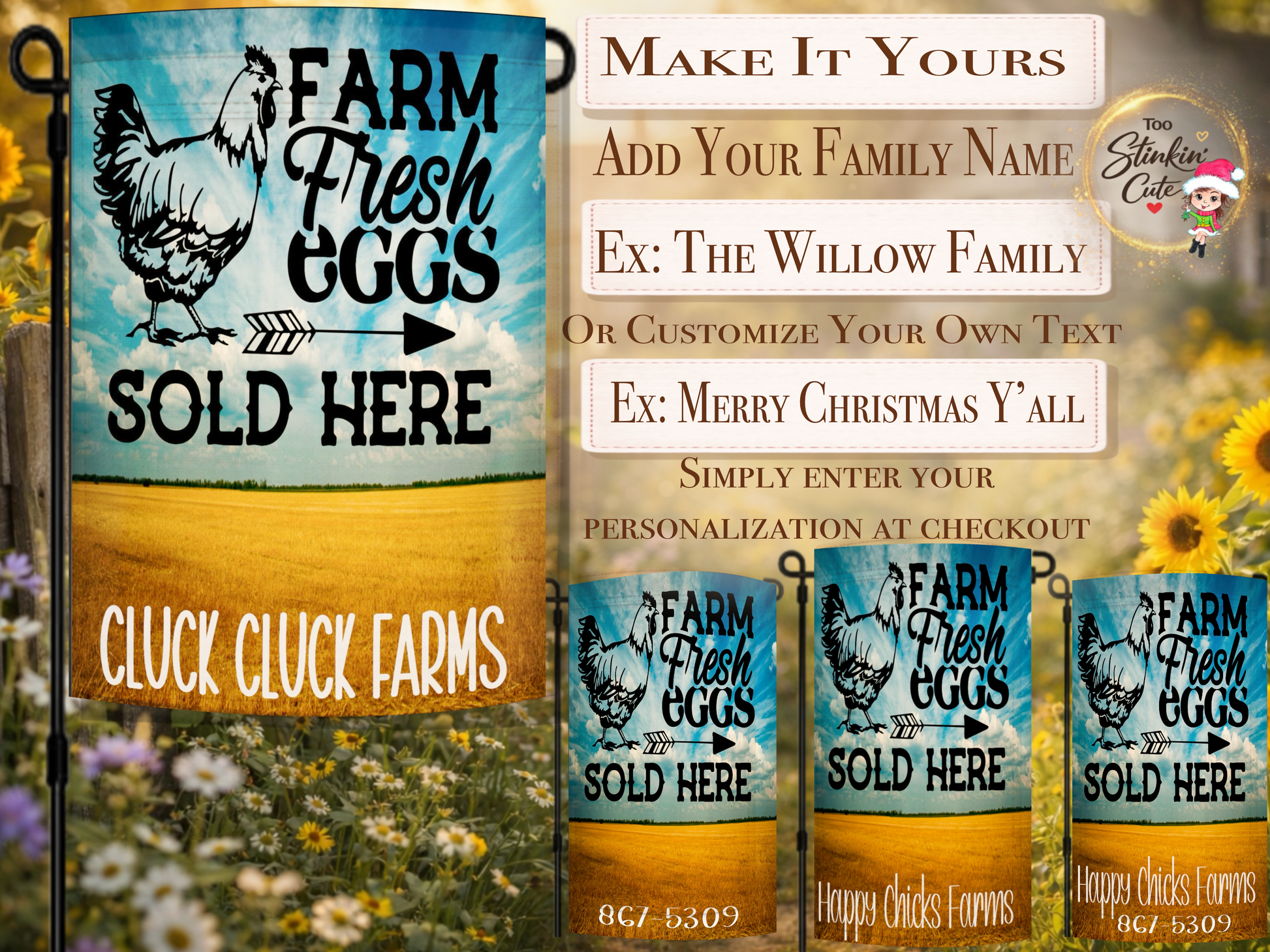 Rustic farmhouse chicken yard flag advertising fresh eggs for sale