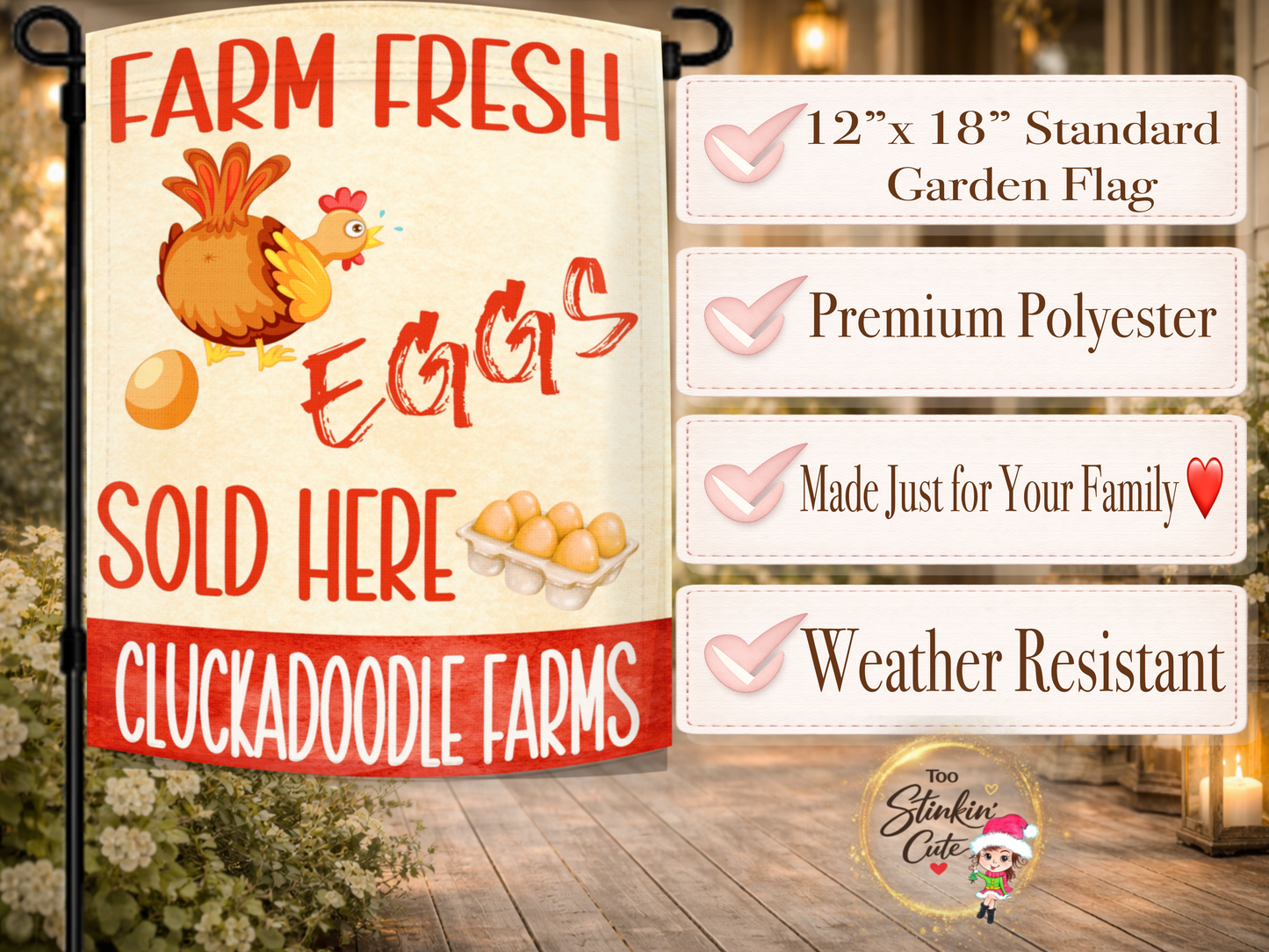 Farm fresh eggs yard flag featuring chicken and egg artwork