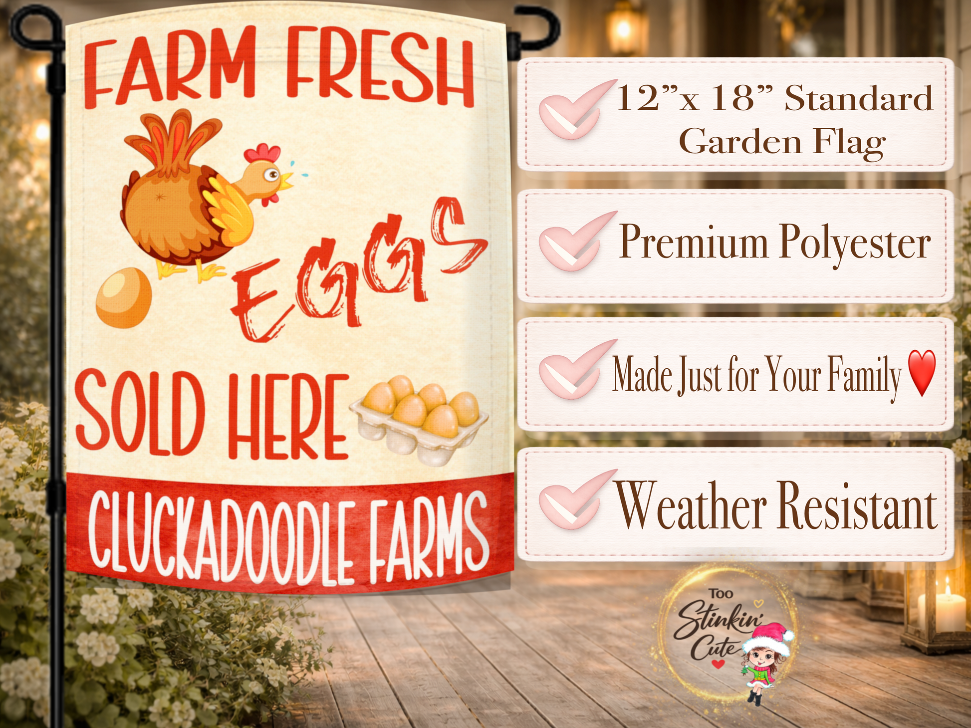 Farm fresh eggs yard flag featuring chicken and egg artwork