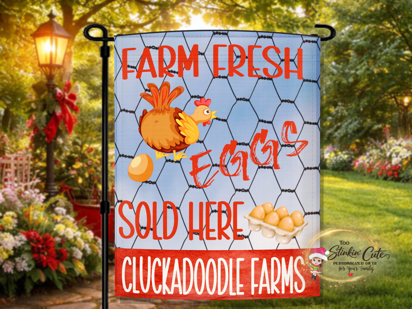 Farm fresh eggs sold here garden flag with chicken wire background