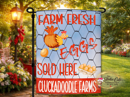Farm fresh eggs sold here garden flag with chicken wire background