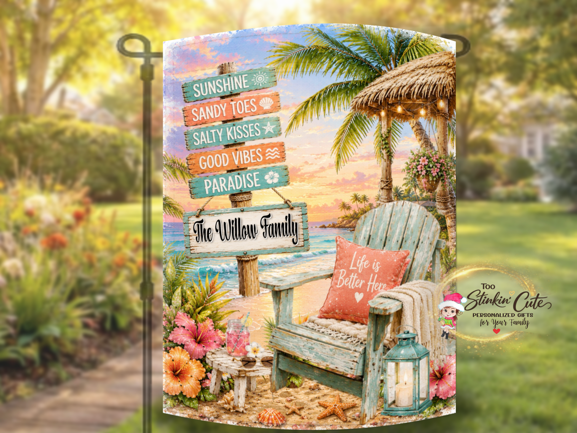 Personalized paradise garden flag for porch or patio.