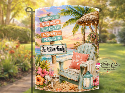 Personalized paradise garden flag for porch or patio.