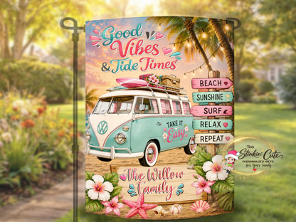 Summer beach garden flag featuring retro beach bus artwork.