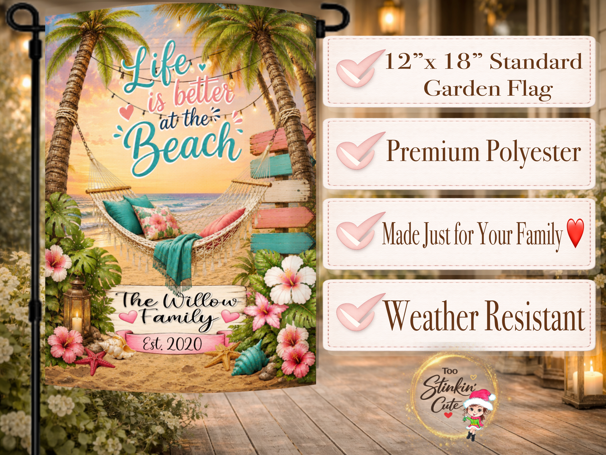 Personalized summer porch flag with palm trees.
