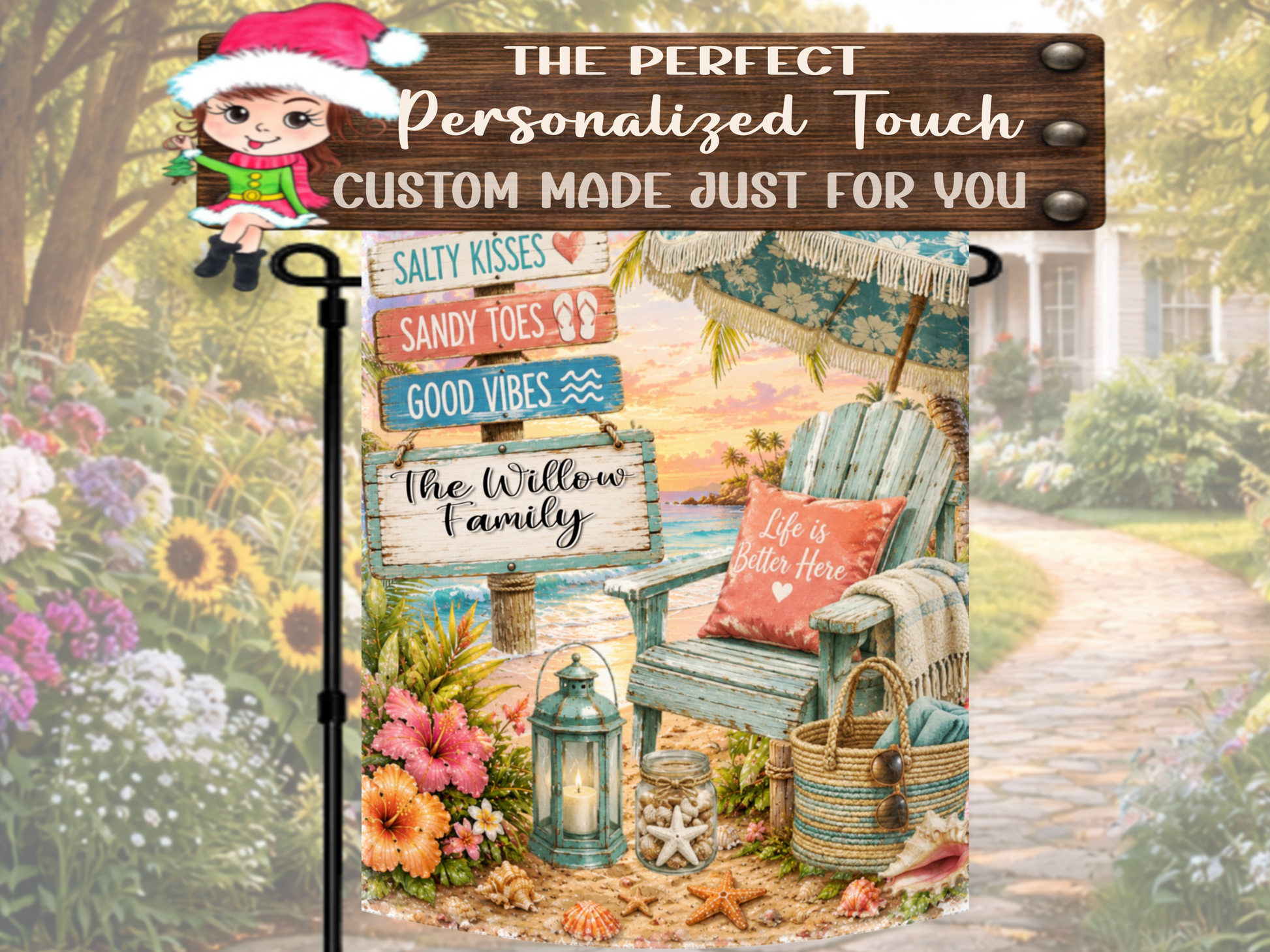 Personalized vacation home garden flag with seaside theme.