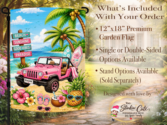 Tropical coastal garden flag featuring a pink Jeep and surfboards.