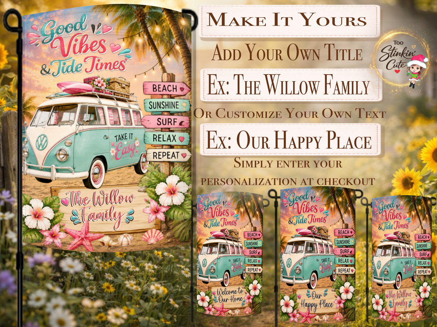 Custom beach house garden flag featuring vintage beach bus.