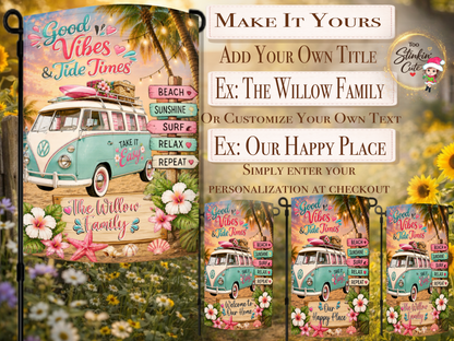 Custom beach house garden flag featuring vintage beach bus.