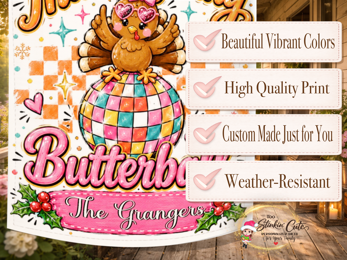 Custom family name Thanksgiving yard flag featuring an adorable turkey, colorful checkerboard pattern, holly accents, and playful boutique-style artwork.