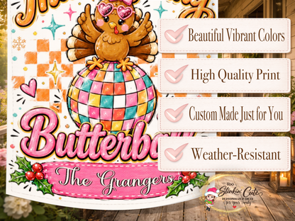 Custom family name Thanksgiving yard flag featuring an adorable turkey, colorful checkerboard pattern, holly accents, and playful boutique-style artwork.