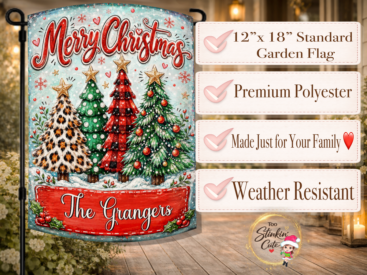 Custom family name Christmas yard flag with bold red Merry Christmas lettering, snowy details, holly accents, hearts, and four colorful decorated holiday trees.