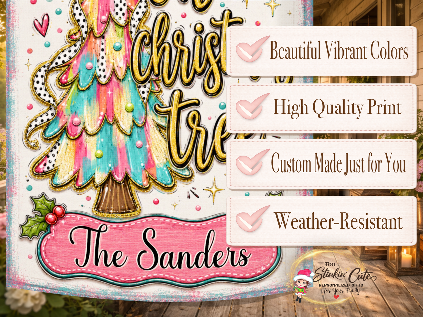 Whimsical Christmas Tree Family Name Flag