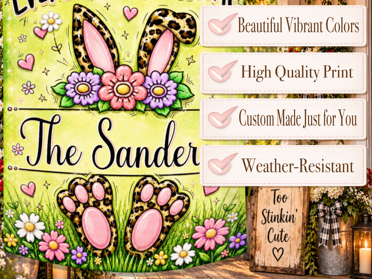 Colorful Easter garden flag featuring bold Every Bunny Welcome lettering on a bright green background with custom personalization.