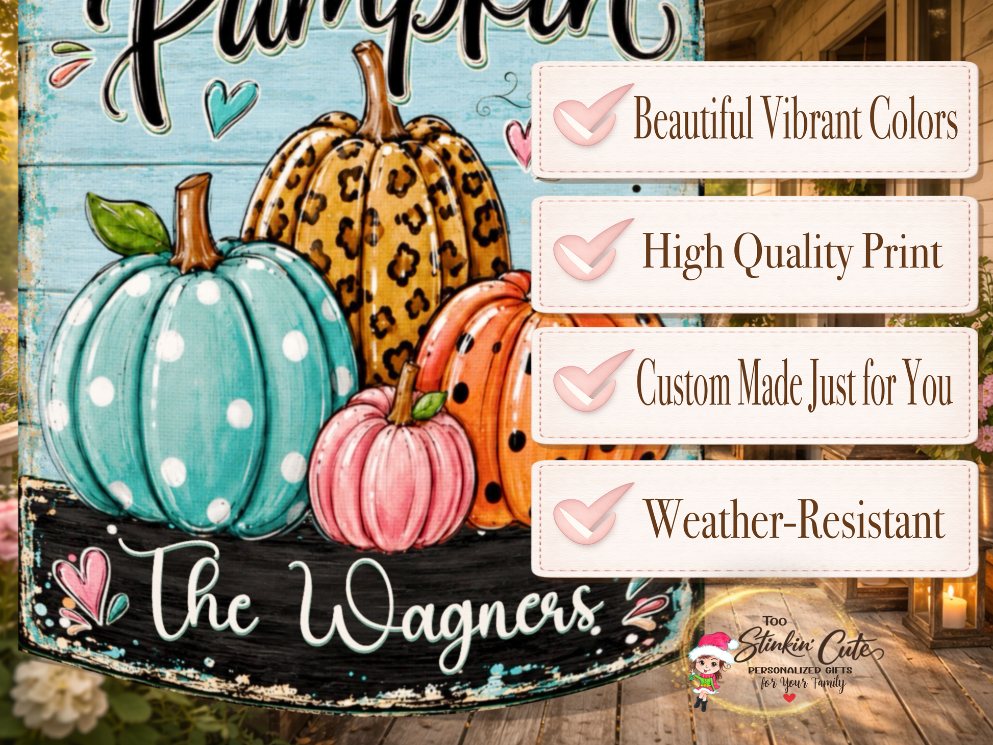 Whimsical personalized pumpkin yard flag for colorful fall porch and garden décor.