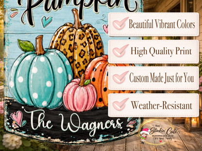 Whimsical personalized pumpkin yard flag for colorful fall porch and garden décor.