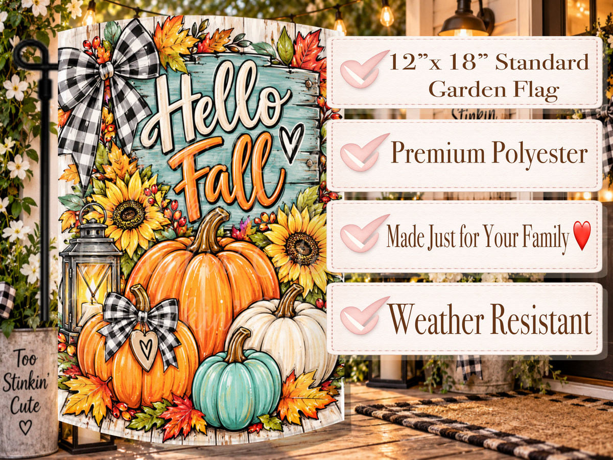 Boutique fall yard flag with a rustic teal Hello Fall sign and black-and-white buffalo plaid bow.