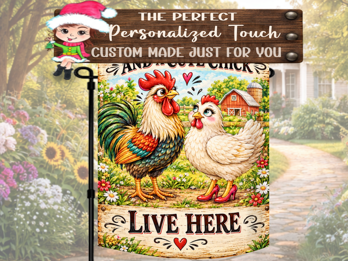 Colorful chicken couple porch flag for farms, homesteads, country homes, gardens, and walkways.