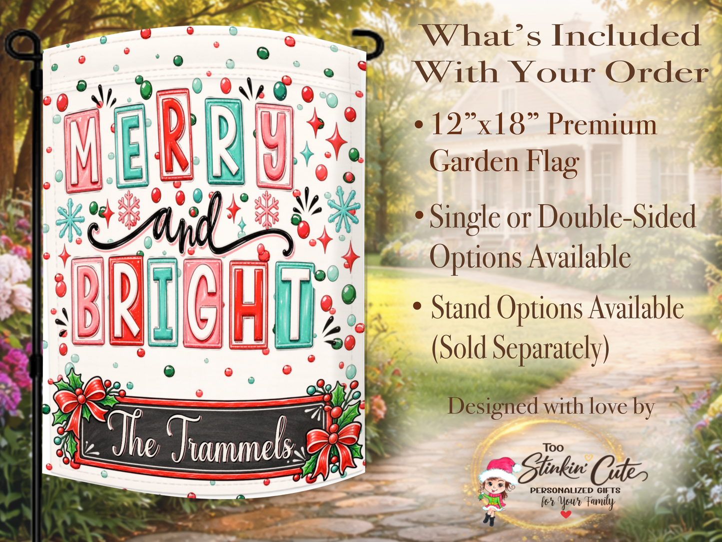 Whimsical Christmas yard flag personalized with a family name, first name, address, Welcome message, or city and state.