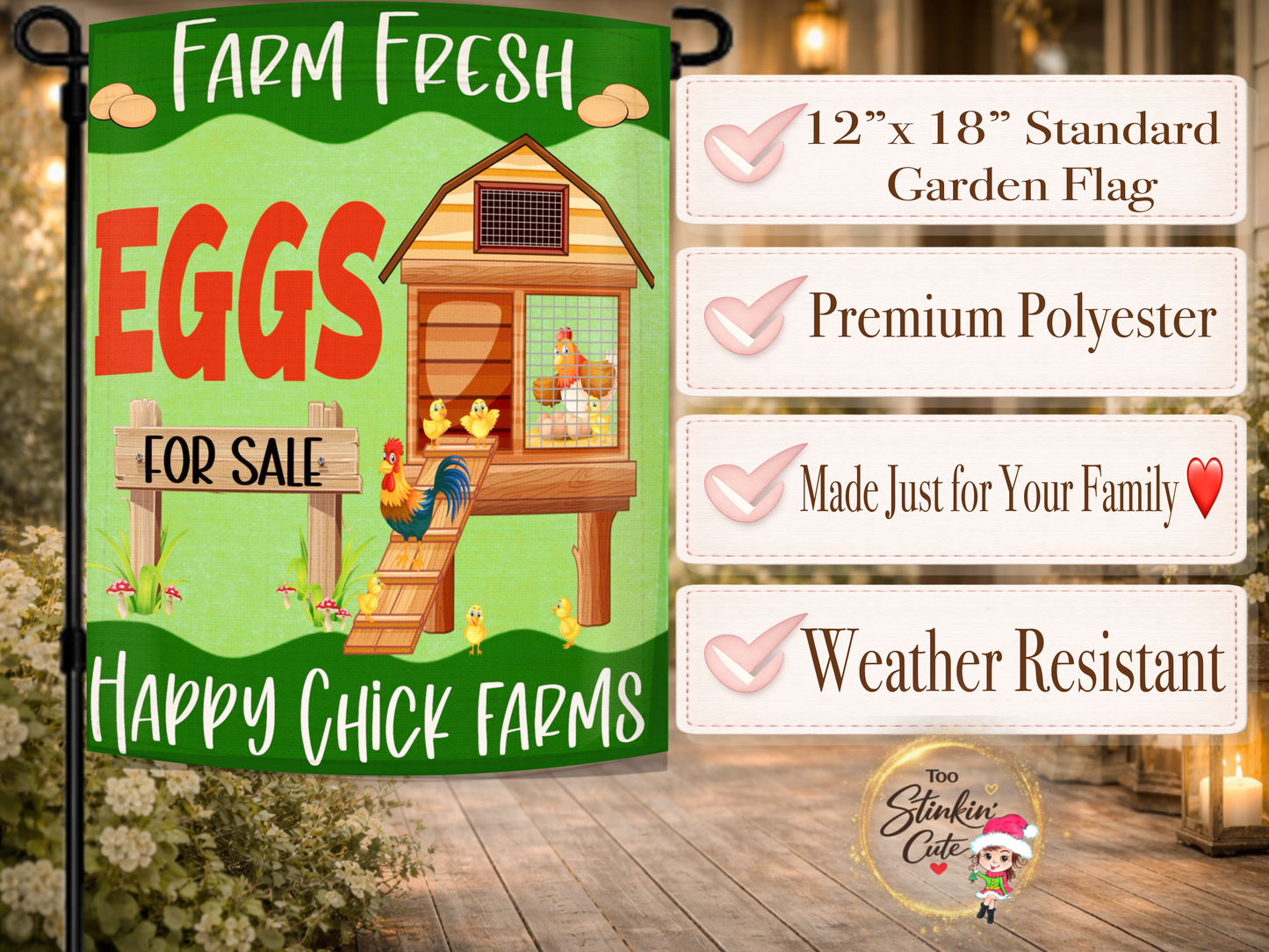 Happy Chick Farms personalized garden flag for egg sales