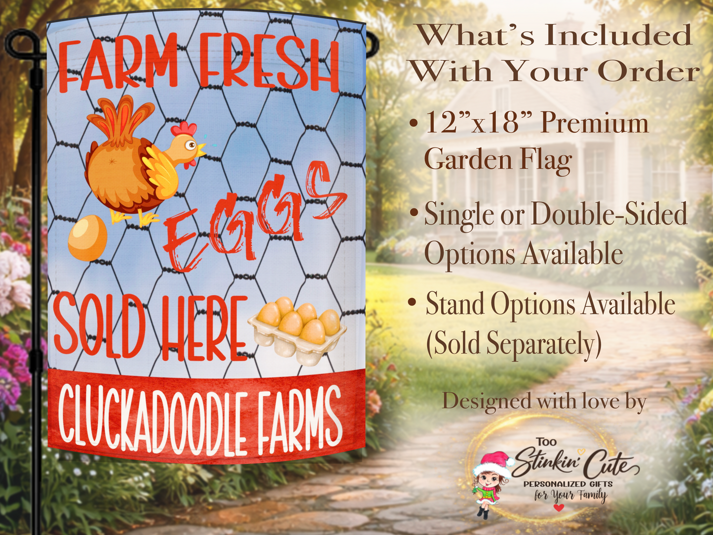Outdoor farm sign flag featuring cartoon chicken and eggs