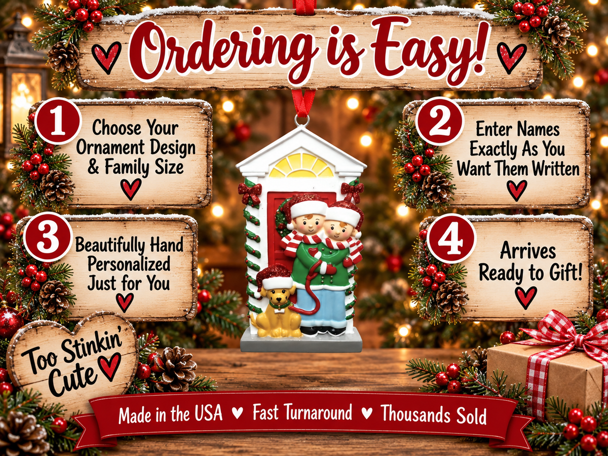 Personalized pet family Christmas ornament with custom names and optional year