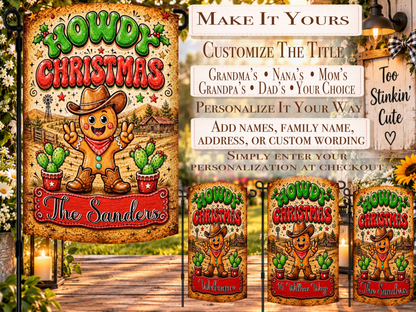 Western Christmas yard flag with a gingerbread cowboy wearing a brown hat, red bandana, cowboy boots, and colorful buttons.