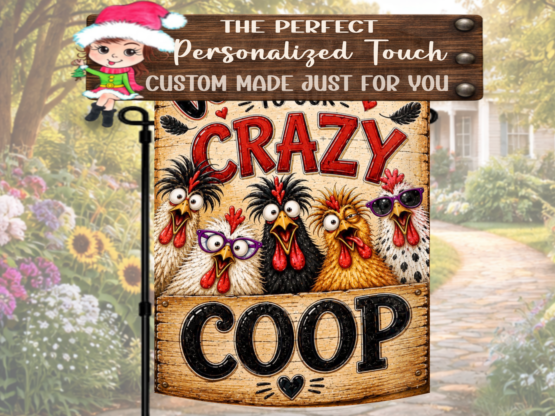 Funny chicken garden flag featuring wild-haired hens, purple glasses, sunglasses, hearts, and rustic wood details.