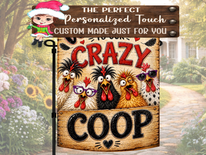Funny chicken garden flag featuring wild-haired hens, purple glasses, sunglasses, hearts, and rustic wood details.