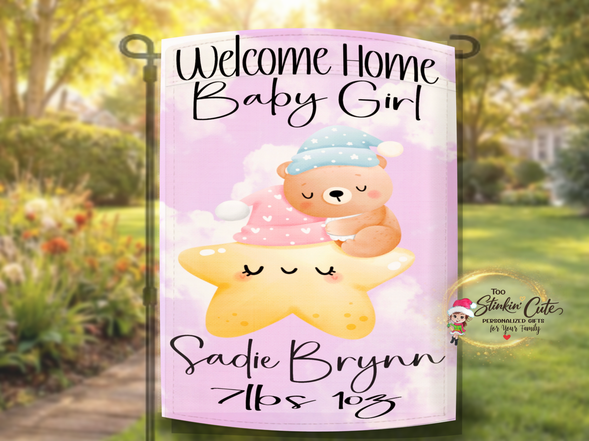 Baby girl announcement garden flag with pastel pink clouds and teddy bear artwork