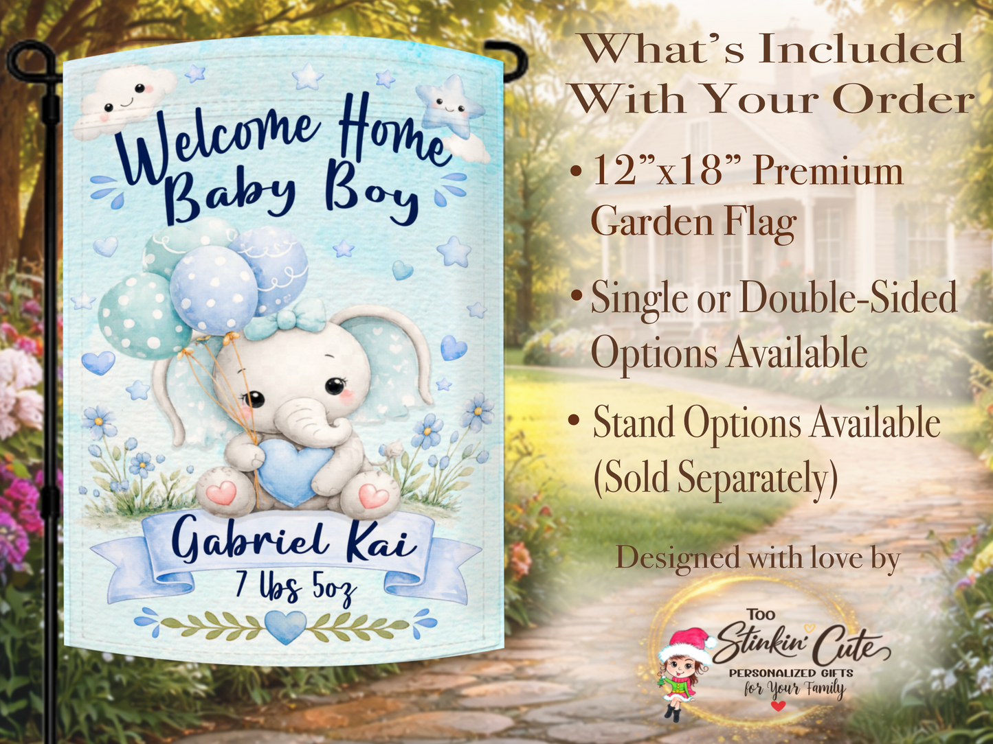 Blue elephant baby announcement garden flag